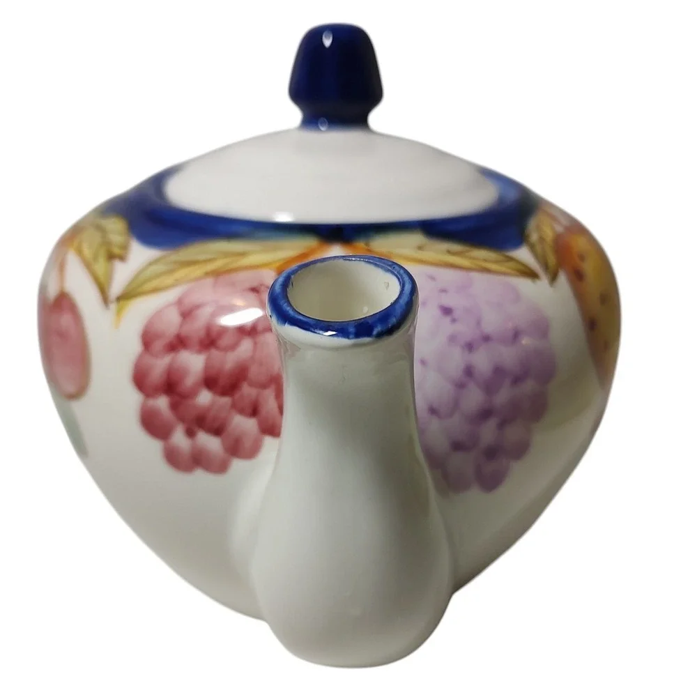 BIA Cordon Bleu International Teapot with Lid Hand Painted Fruit Blue Trim SEE‎